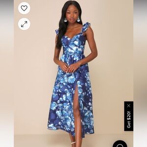 Memorable Poise Blue Floral Ruffled Bustier Midi Dress